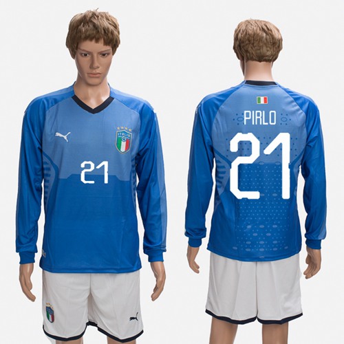 Italy #21 Pirlo Blue Home Long Sleeves Soccer Country Jersey - Click Image to Close